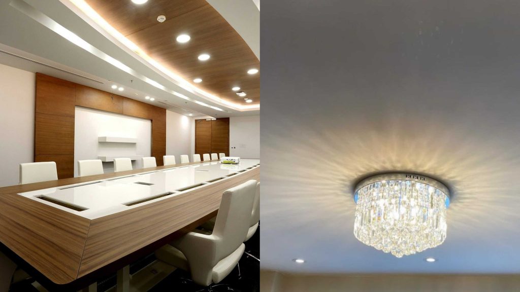 Commercial and residential custom lighting installation showcasing conference room lighting and modern chandeliers by ACS Electrical in the GTA.
