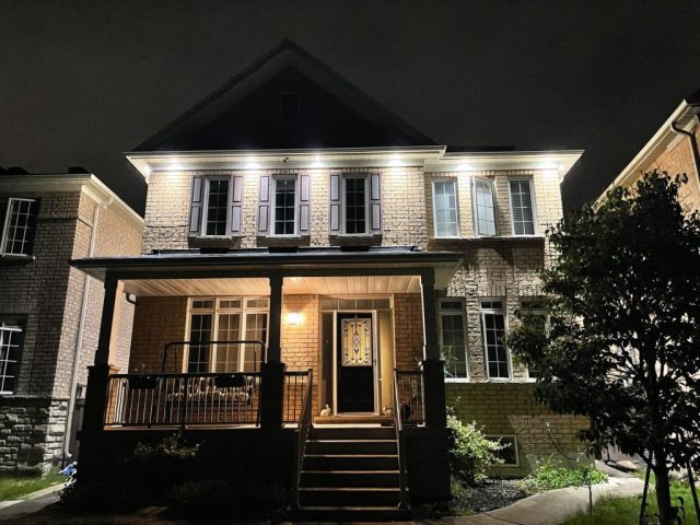 Custom outdoor soffit lighting and exterior LED house lights installed by ACS Electricals on a Mississauga home.
